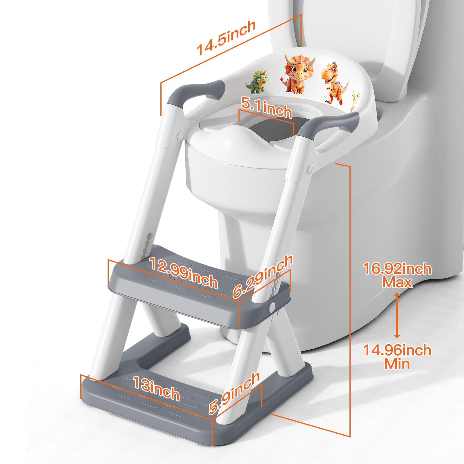 SKYROKU 8868 - Asiento de inodoro para niños pequeños y niñas, inodoro de entrenamiento 2 en 1, protector contra salpicaduras, taburete antideslizante, base estabilizada en forma de sector (gris)