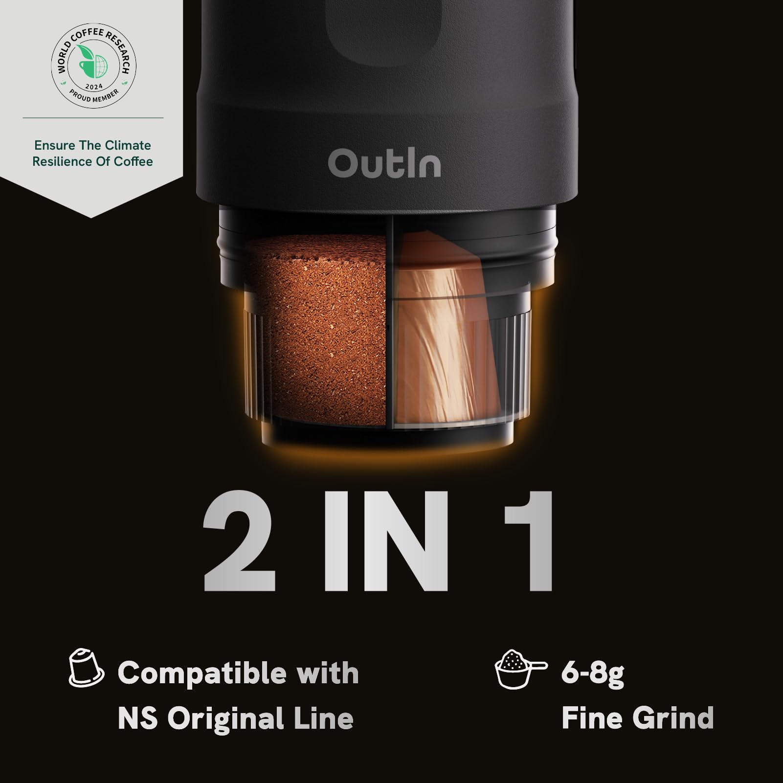 Outin nano cafetera eléctrica portátil, cafetera de campamento, autocalentada por cafetera para vehículos usb - c, Autocaravana con café molido y cápsulas ns, senderismo, Oficina