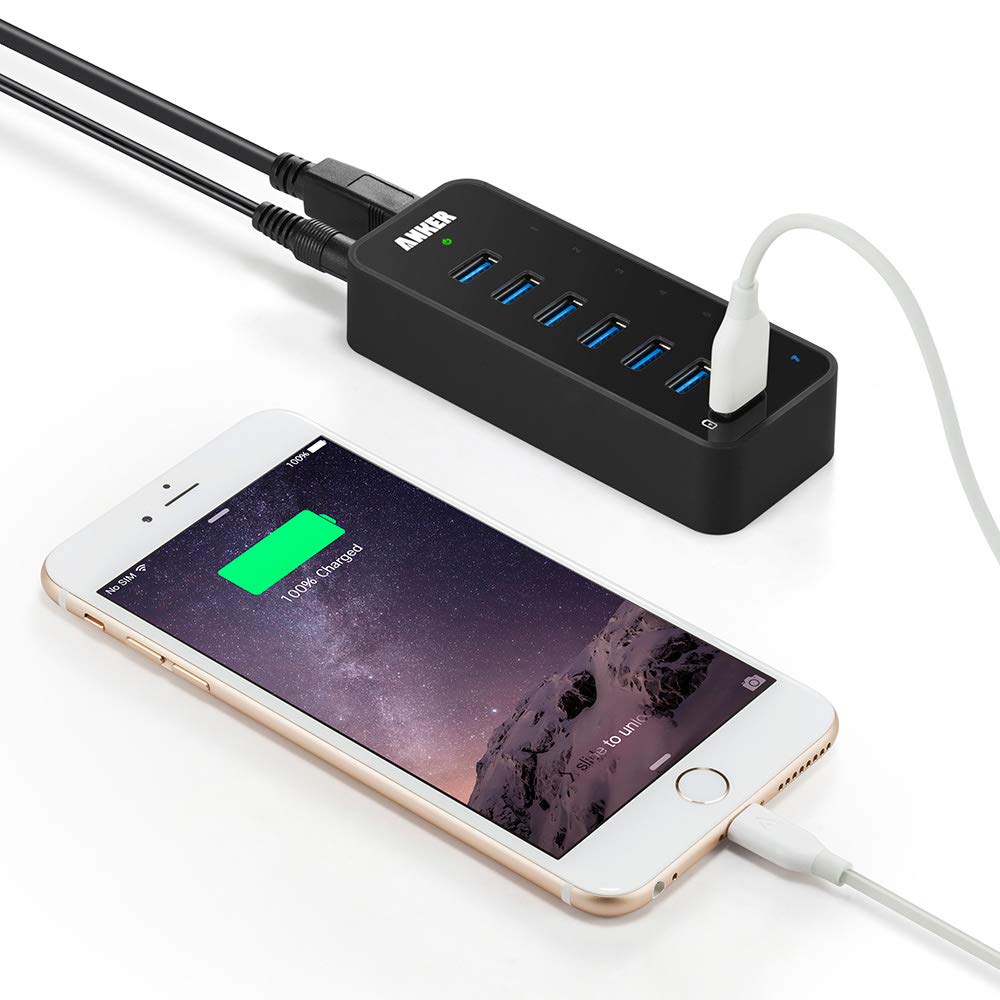 Hub USB Anker Negro 7 Puertos USB 3.0 con Adaptador de Corriente 36 W para Portátil