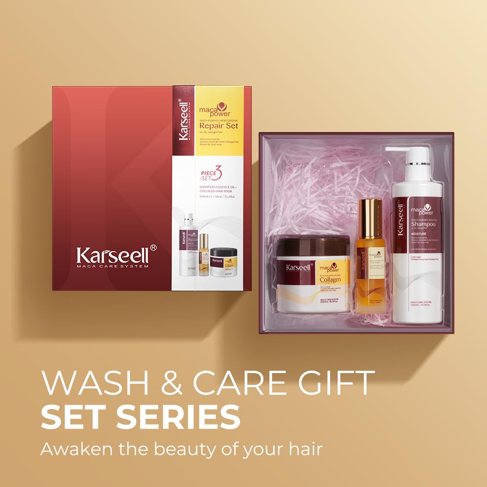 Hair Mask Karseell Juego de colágeno de película para el cabello 3PCS película para el cabello 16.9oz + champú 16.9oz + aceite esencial para el cuidado del cabello 1.69oz adecuado para todos los pelos dañados por la sequedad y el cabello rizado.