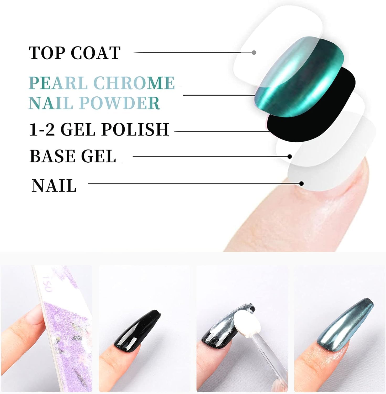 LONEOURS Polvo Uñas Brillo Cromo Efecto Espejo | SHIMMER CROMO - 2 Tarros