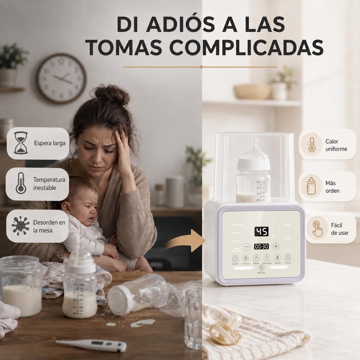 Esterilizador y Calentador de Biberones 6 en 1, Secador de Vapor para Bebé, Capacidad 2 Mamaderas, Pantalla LED Táctil, Control Preciso de Temperatura, Descongelación, Secado, Mantener Calor
