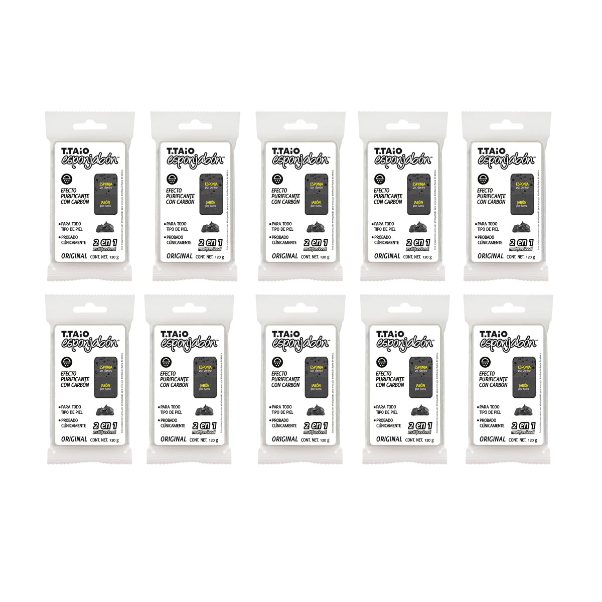 Jabón Corporal con Esponja Integrada 2 en 1, Exfoliación Suave, Aroma Carbón Activado, Pack 10 Piezas, ESPONJABON T.TAIO