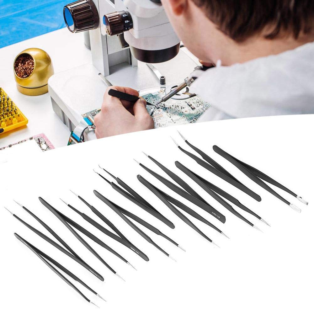 Garosa 11 piezas Juego de pinzas de precisión kit de pinzas antiestáticas ESD de acero inoxidable con bolsa portátil Kit de Herramientas de reparación para Reparación Electrónica(#1)