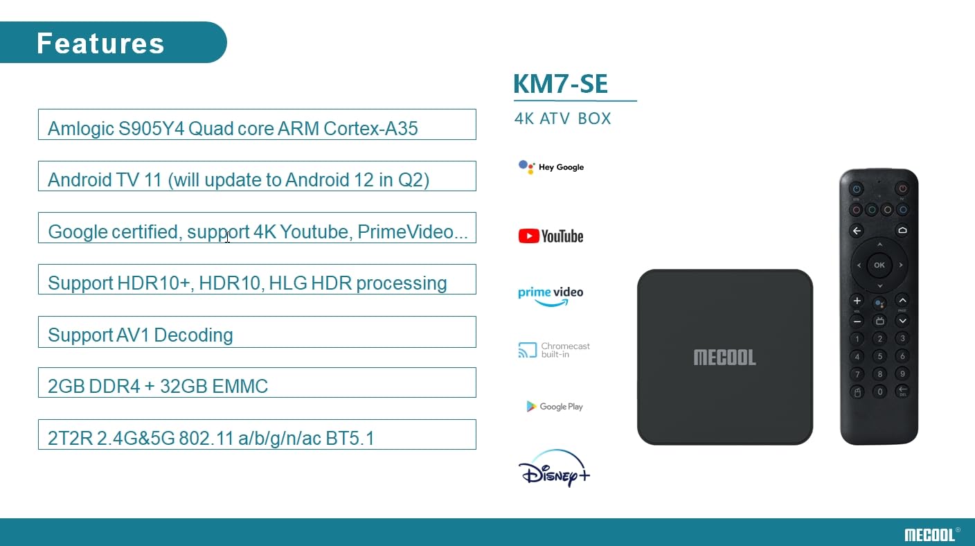 X88 KM7 Android 11.0 TV Box Certificate ATV 32GB Quad Core Amlogic S905Y4 WiFi 2.4G/5.8Ghz BT5.1 4K Bluetooth Control de Voz Reproductor casero Inteligente