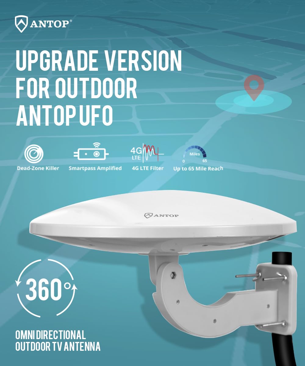 ANTOP - Antena de TV Omnidireccional para Canales Locales, HDTV, RV/Marine, 360° con Amplificador Inteligente y Filtro Integrado para Bloquear Señales 3G 4G 5G, 65 Millas de Alcance