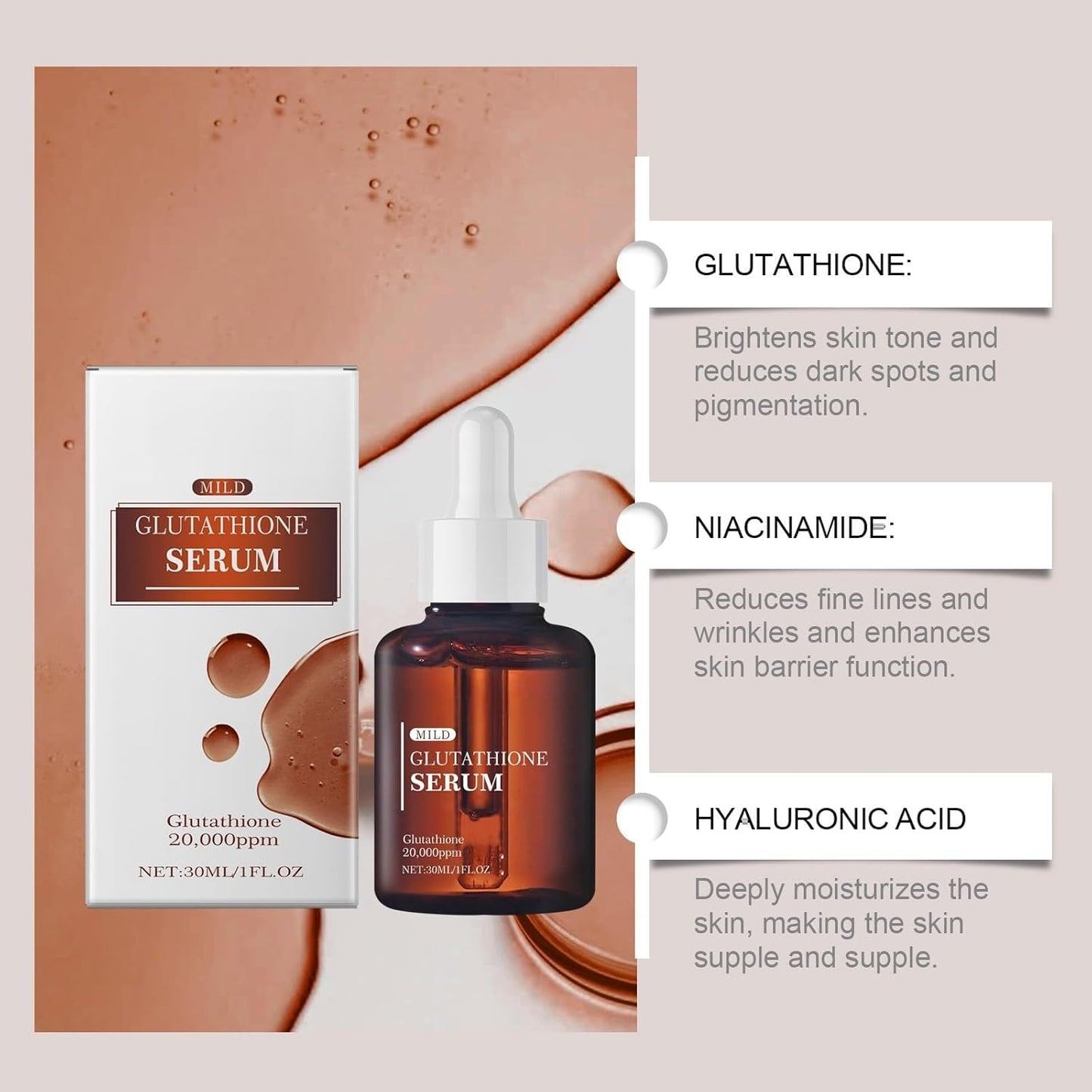 Glutathione Face Serum with Niacinamide and Hyaluronic Acid - Enhance Skin Elasticity, Anti-aging - 30ML/1FL.OZ (1/2/3PCS)