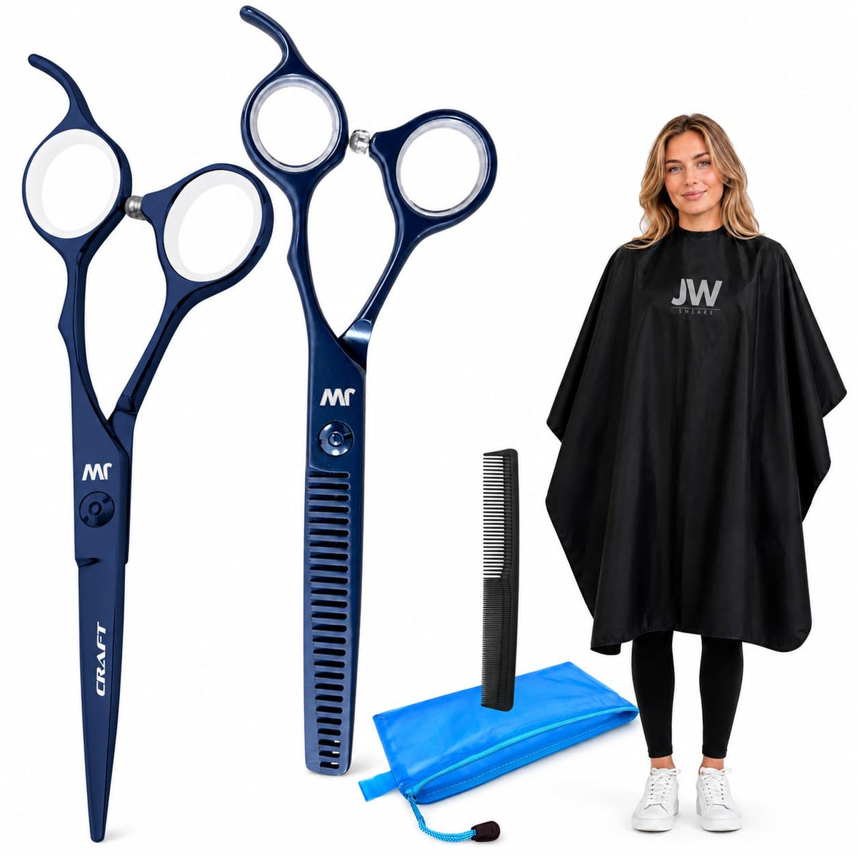 JW Professional Shears and Thinner CRX Series Combo, Capa, Peine & Case - Tijeras de peluquero y corte de pelo de acero inoxidable