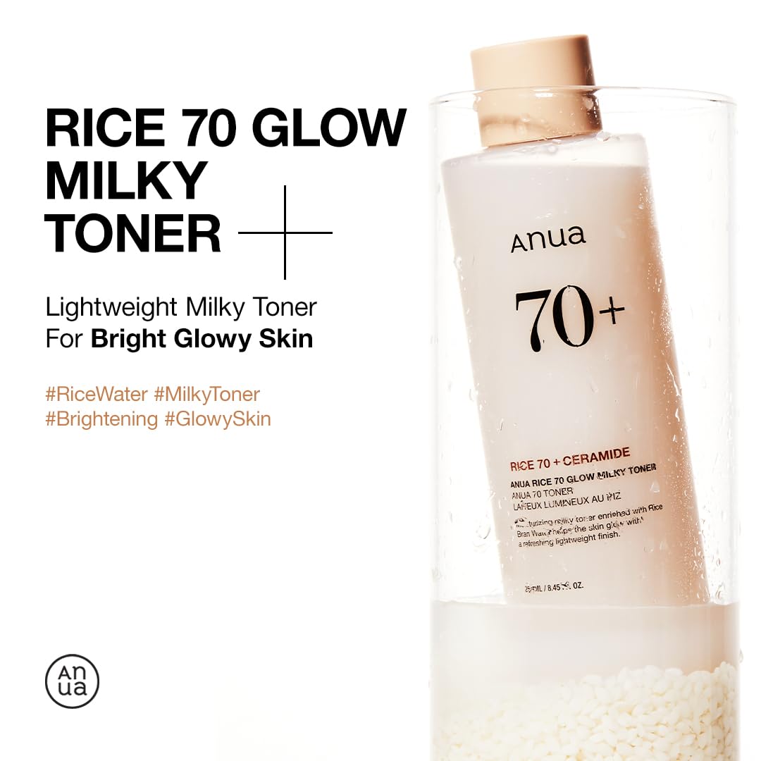 Rice 70 Glow Milky Toner, for Glass Skin and Brightening, Rice Water, Niacinamide, Ceramides, Panthenol, Fragrance-Free, Non comodogenic, Fungal Acne Safe, Korean Skin Care, 250ml | Skincare Coreano