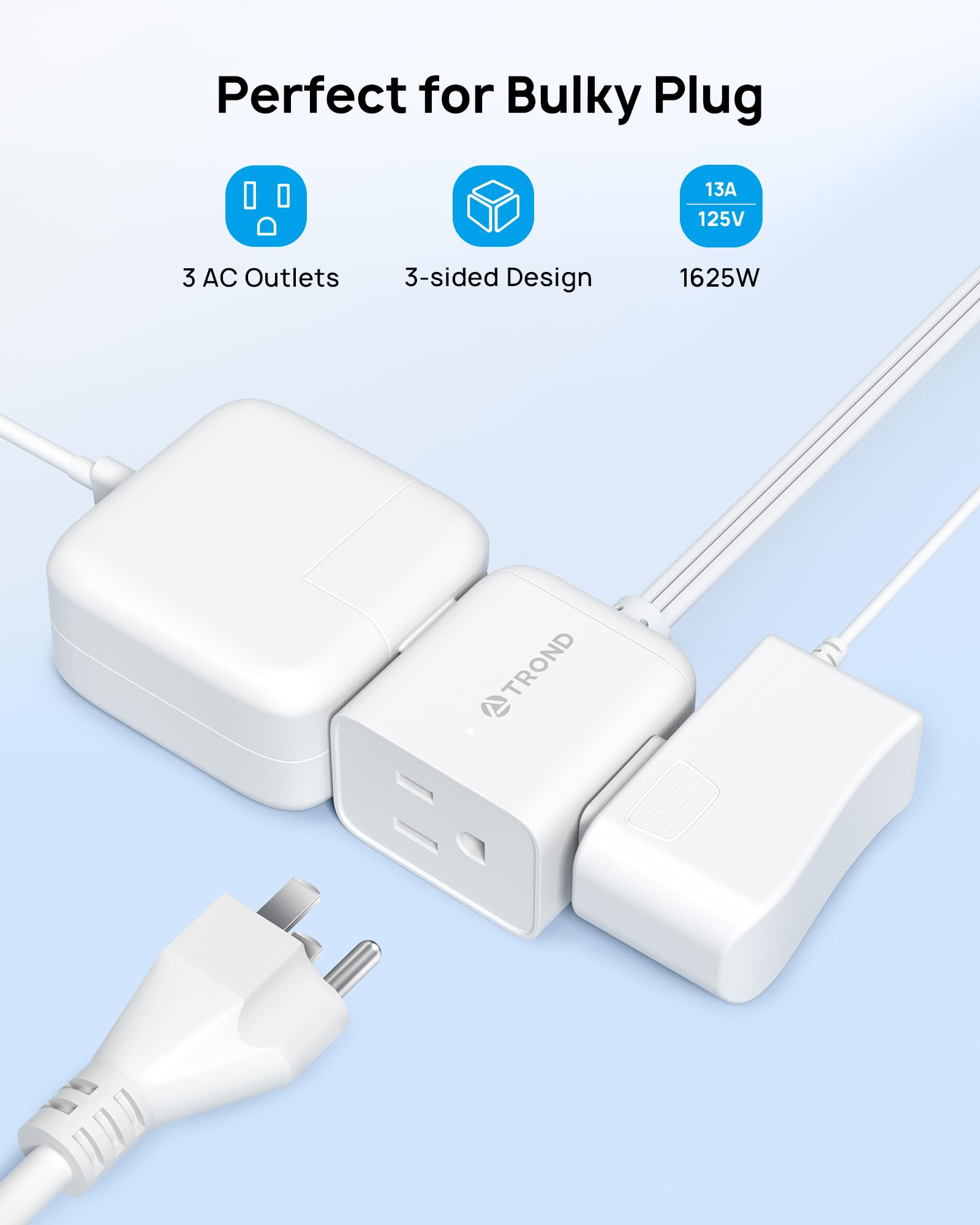 TROND Cable de Extensión 15 Pies - Enchufe Giratorio 360°, Tomas de 3 Puntas con Tierra, 13A, Cable SPT 16/3 AWG, Ideal para Hogar, Oficina, Cocina, Cruceros y Viajes, Blanco.
