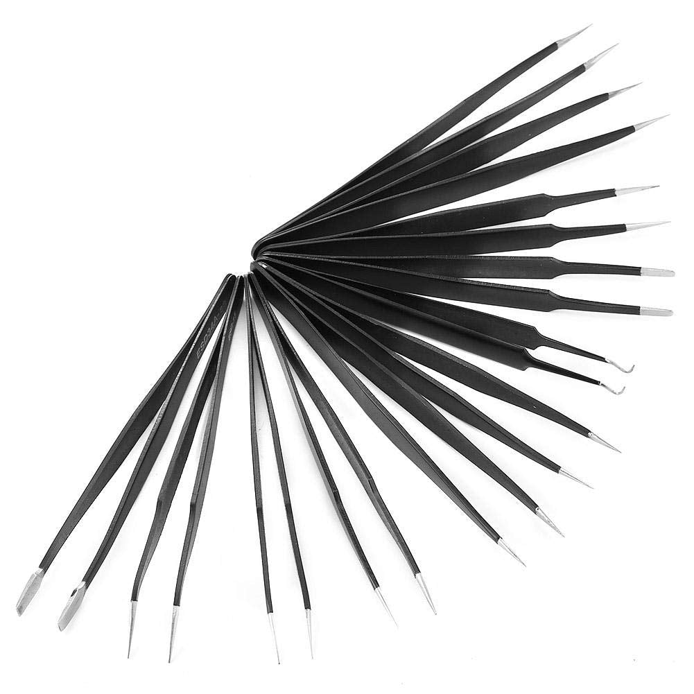 Garosa 11 piezas Juego de pinzas de precisión kit de pinzas antiestáticas ESD de acero inoxidable con bolsa portátil Kit de Herramientas de reparación para Reparación Electrónica(#1)