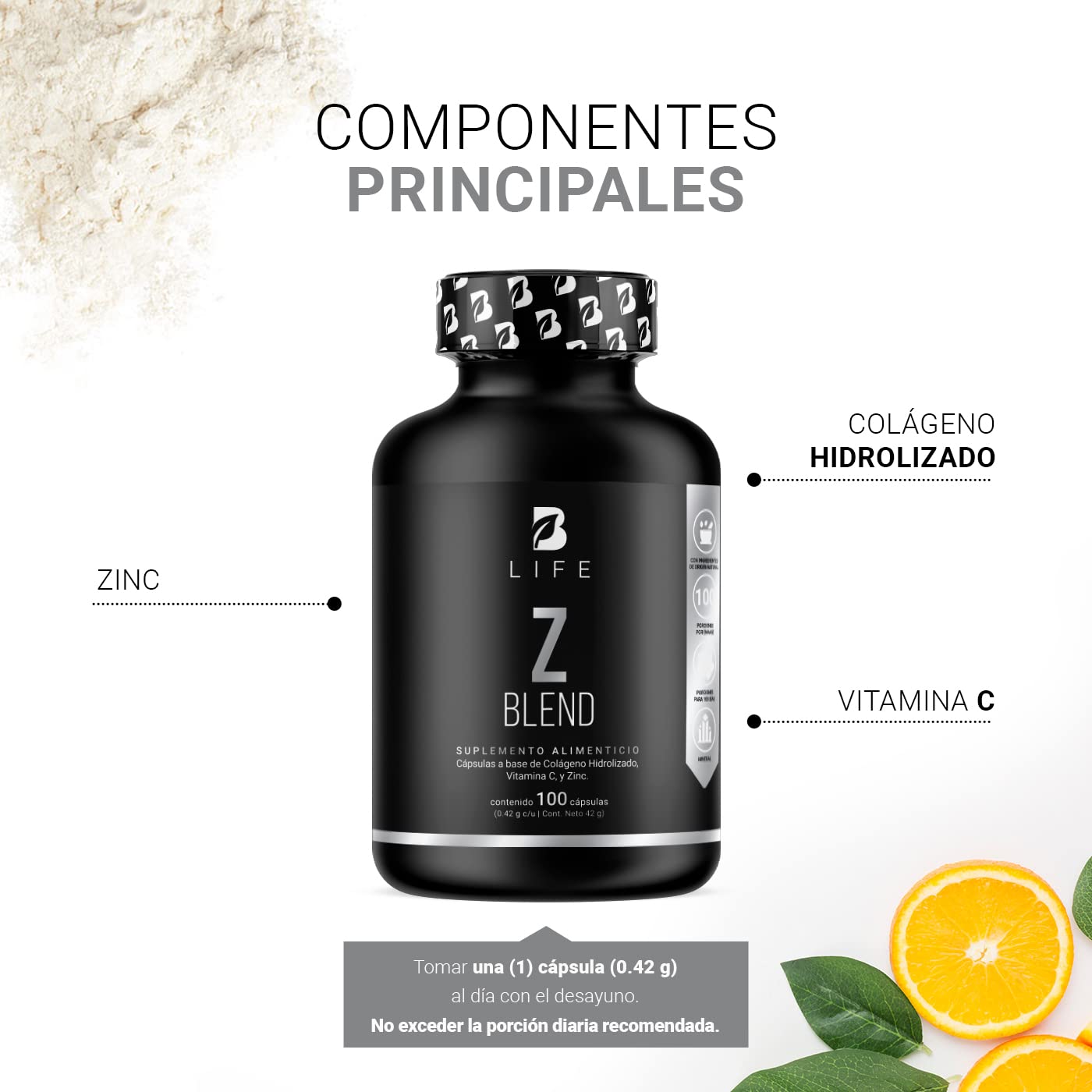 B Life Zinc de 100 Cápsulas. Ingredientes naturales: Zinc, Colágeno y Vitamina C. Z Blend.