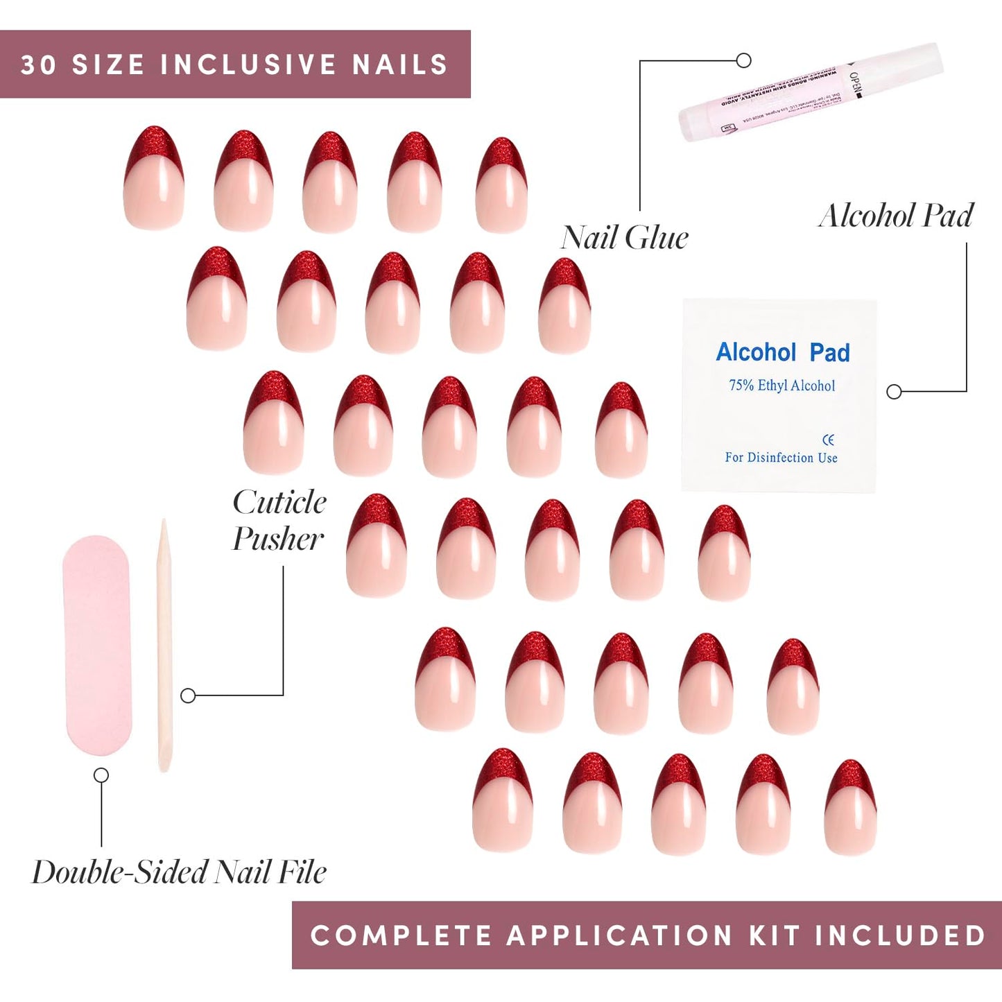 Glamnetic Uñas Postizas - Red Affair | Uñas Cortas Almendradas Rojas Con Purpurina Y Punta Francesa Con Acabado Brillante | 15 Tamaños - Kit De 30 Uñas Con Pegamento