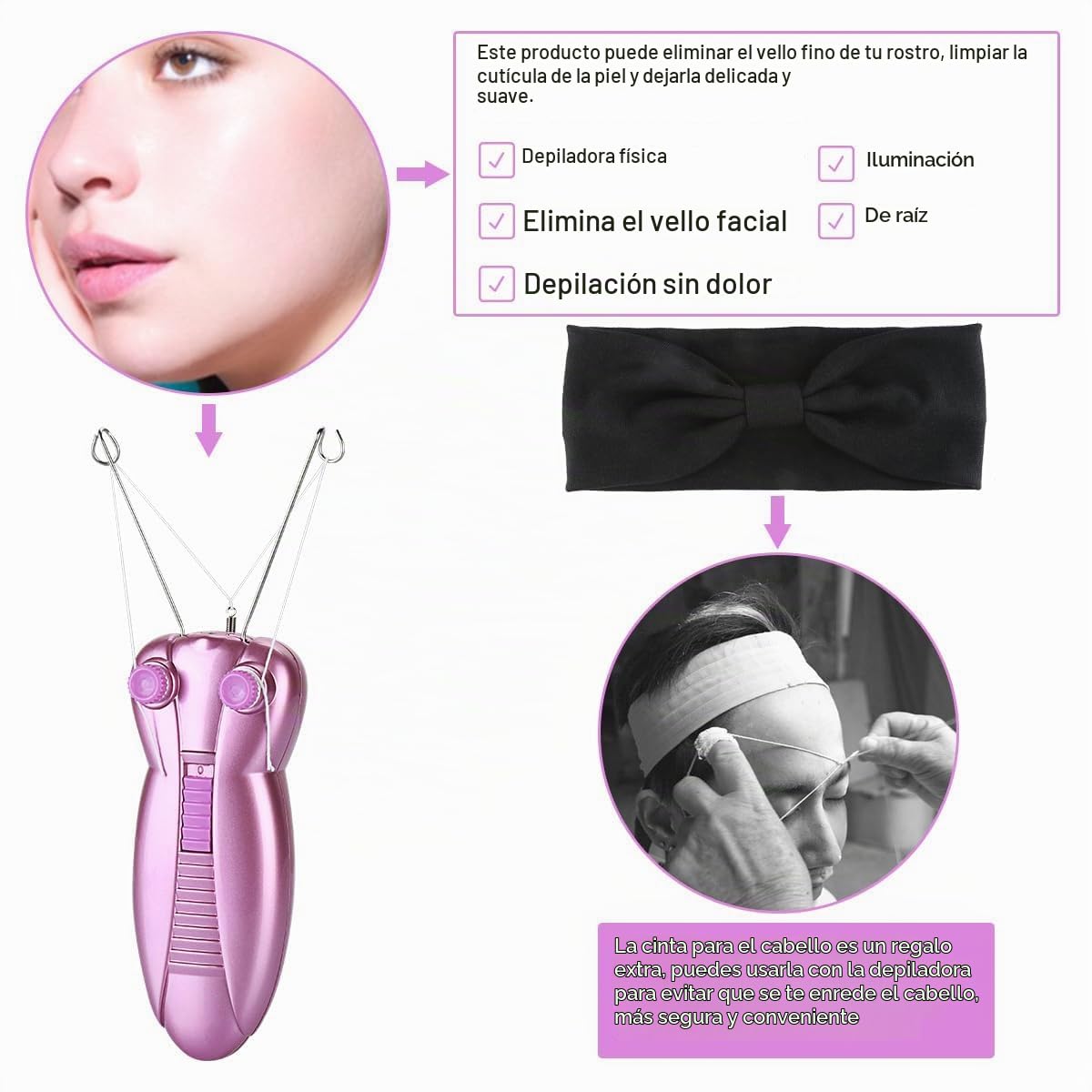 WAYCOM Ladies Facial Hair Remover Electric Women's Beauty Epilator Facial Threading Hair Removal Shaver Face Massager Pull Faces Delicate Device Depilation (Purple)