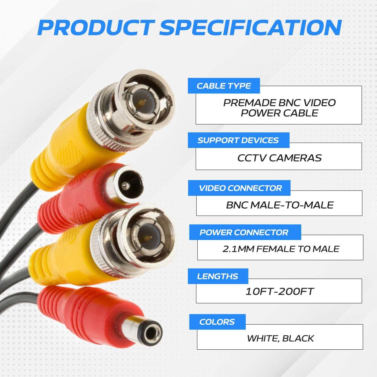 Premade BNC Video Cable / Cable de alimentación para cámaras de seguridad, CCTV, DVR, sistema de vigilancia, Plug & Play