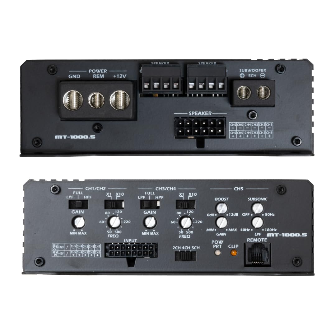 Amplificador de Audio Stinger MT-1000.5 Negro con 5 Canales RMS 1200W y Filtros Avanzados Subwoofer Remote Bass Boost