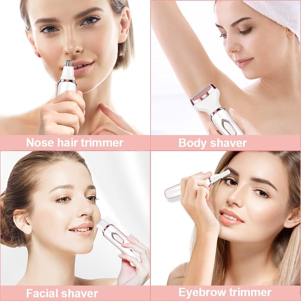 Depiladora Electrica Mujer,Rasuradora Mujer, Portátil Sin Dolor 4 En 1 Navaja De Afeitar Para Mujeres, USB Recargable，Afeitadora femenina sin dolor para el vello facial, cejas, axilas y zona del bikini. (rosa)