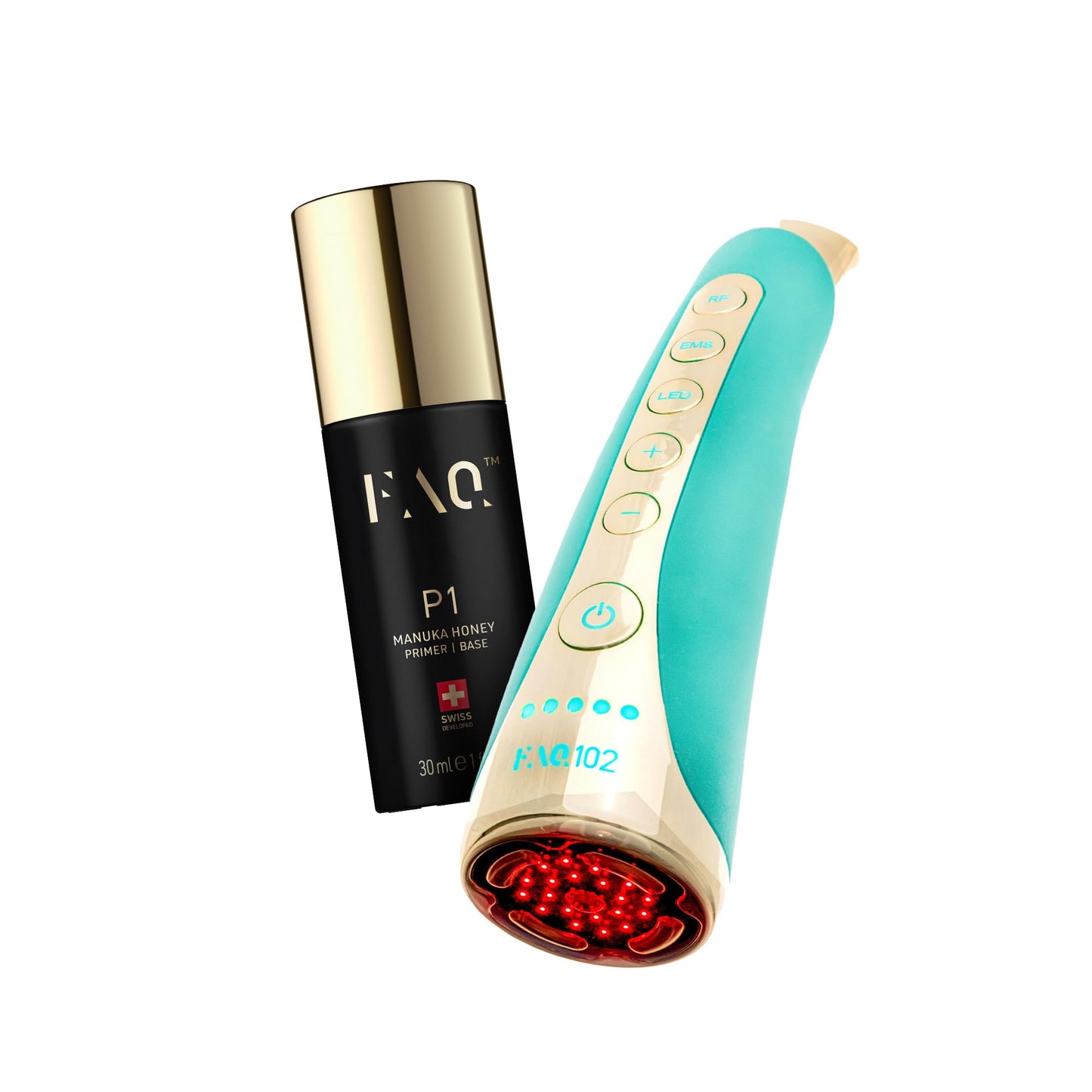 FAQ 102 Set Beauty Answer - Masajeador facial reafirmante con 8 luces LED + Prebase P1 Manuka Honey 30 ml - Preparación facial antes del cuidado - Ritual diario de belleza - Topaz
