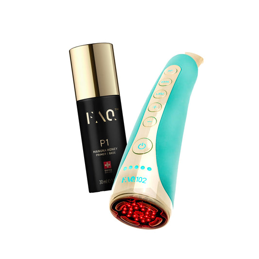 Set Masajeador Facial FAQ 102 Topaz Reafirmante con 8 Luces LED + Prebase P1 Manuka Honey 30 ml para Mujer