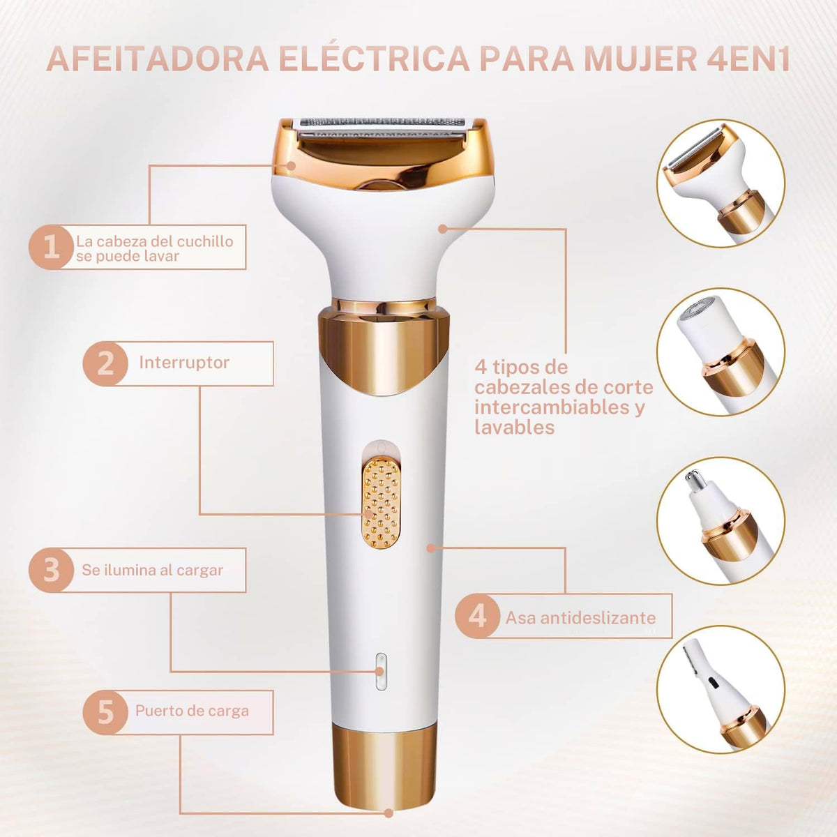 Depiladora Electrica Mujer,Portátil Sin Dolor 4 En 1 Rasuradora Mujer,USB Recargable,Afeitadora Femenina Sin Dolor Para el Vello Facial,Cejas,Axilas y Zona Del Bikini (4 En 1 Dorado)