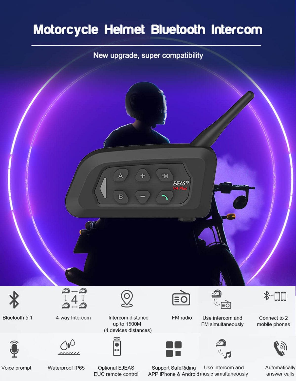 Sistema de Intercomunicador Bluetooth para Cascos de Motocicleta GaiRen V4 Plus Negro 4 Unidades
