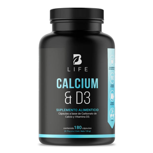 Calcio y Vitamina D3 concentración de 1500 mg de Carbonato de Calcio (equivalente a 600 mg de Calcio). Ingredientes Naturales en 180 Cápsulas. Calcium & D3 B Life