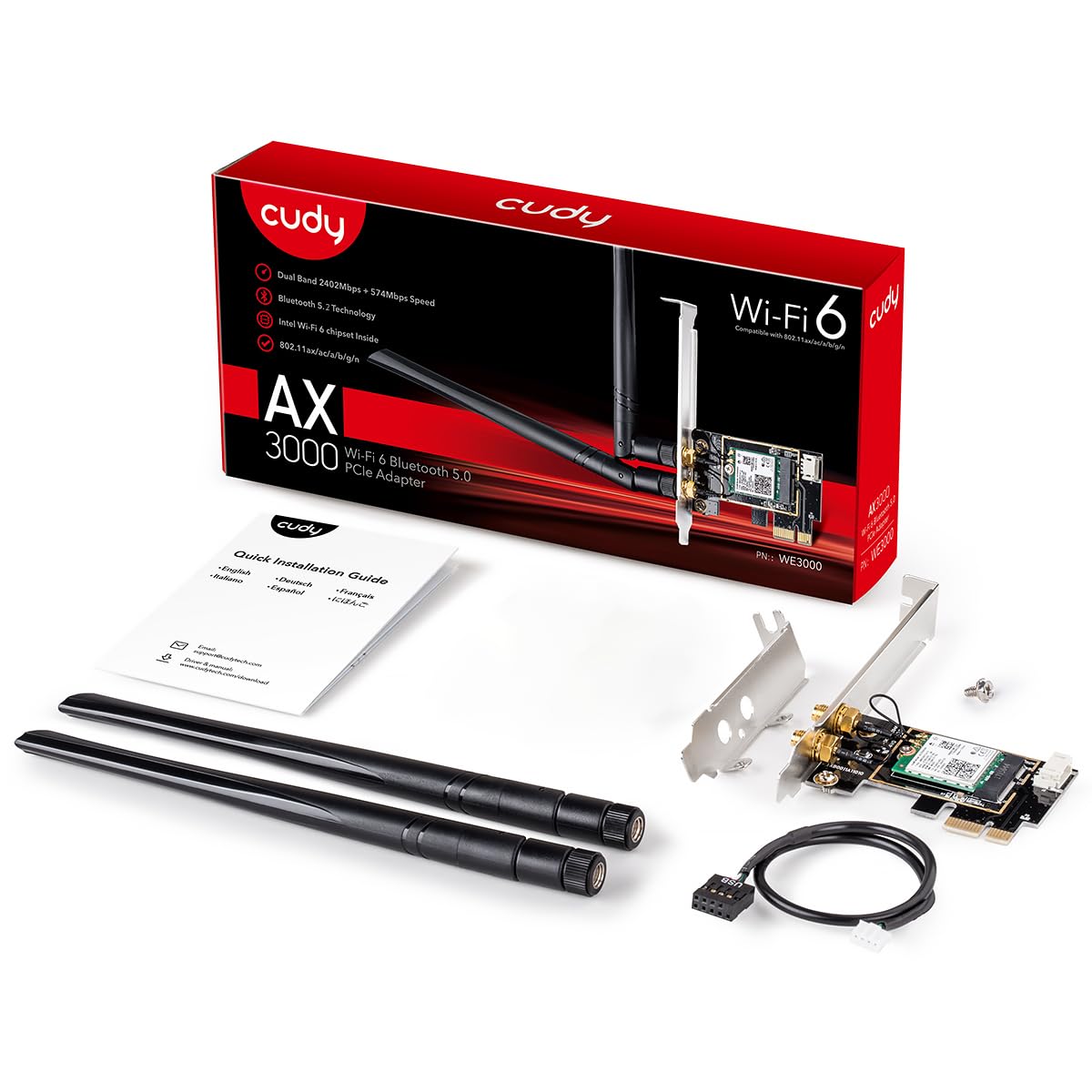 Tarjeta PCIe WiFi 6 AX 3000 Mbps Cudy WE3000 con Bluetooth 5.0 para PC, Interior AX200, para Windows 10 64 bits