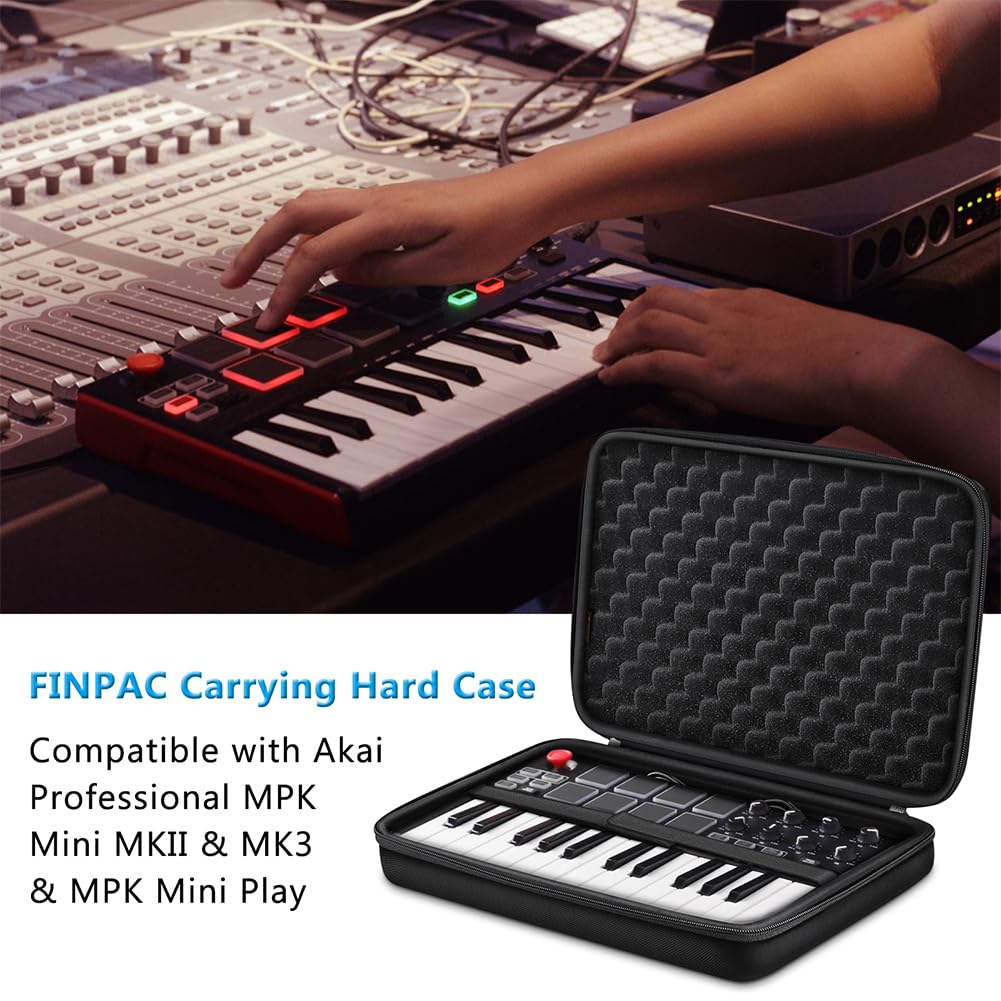 FINPAC Semi-Hard Carrying Case for AKAI Professional MPK Mini MKII & MK3 & MPK Mini Play | Alesis V Mini 25 Key USB MIDI Keyboard Controller Case with Cable Slot for Business, Travel (Black)