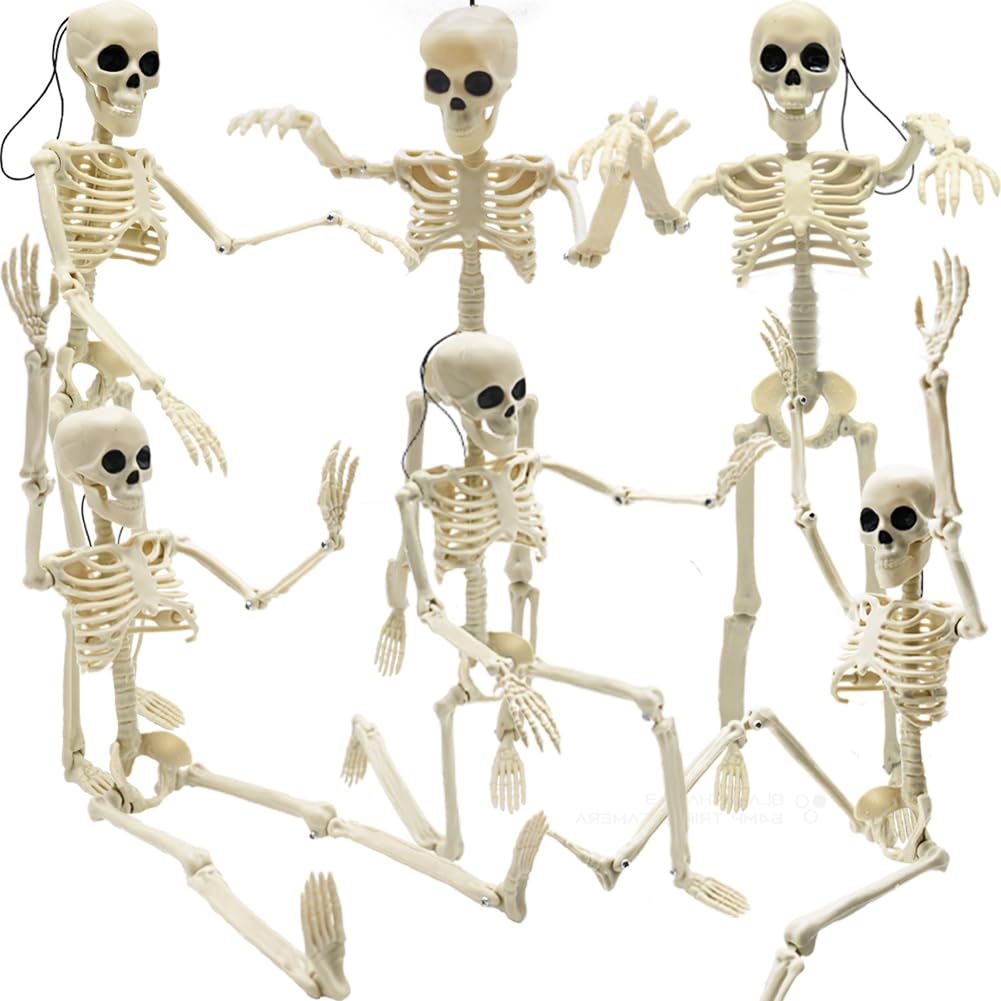 CAMIRUS - 6 decoraciones de esqueleto de Halloween, de cuerpo completo de 16 pulgadas, pequeños huesos de plástico con articulaciones móviles posibles para Halloween, fiestas en interiores y
