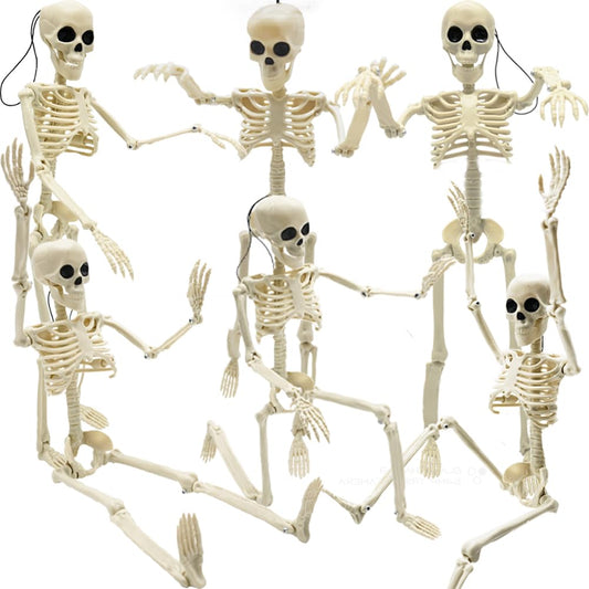 CAMIRUS - 6 decoraciones de esqueleto de Halloween, de cuerpo completo de 16 pulgadas, pequeños huesos de plástico con articulaciones móviles posibles para Halloween, fiestas en interiores y