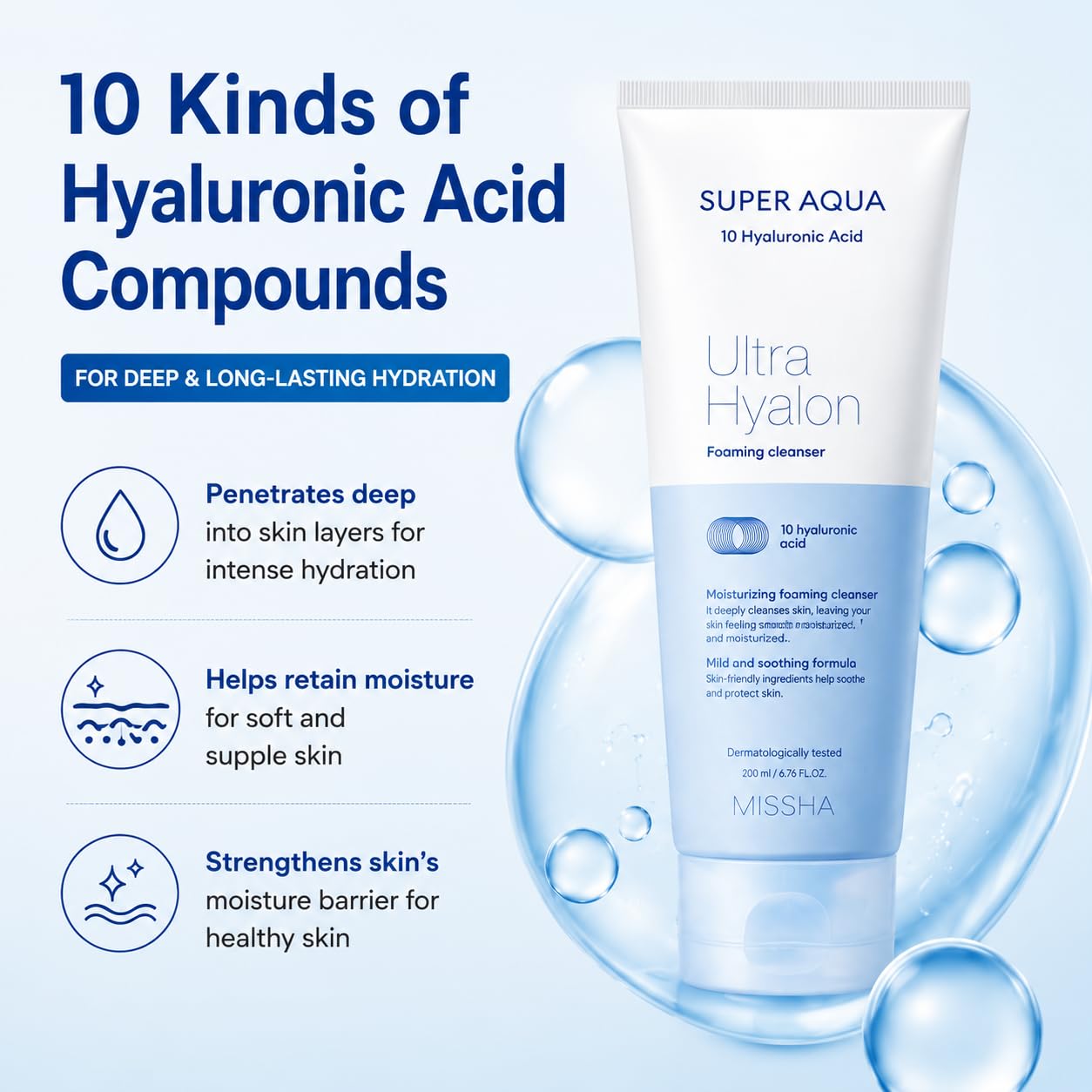 MISSHA- LIMPIADOR FACIAL EN ESPUMA: La línea Super Aqua de MISSHA está diseñada para mantener tu piel fresca. Nuestra espuma limpiadora Super Aqua Ultra Hyalron es un limpiador facial en espuma hidrat