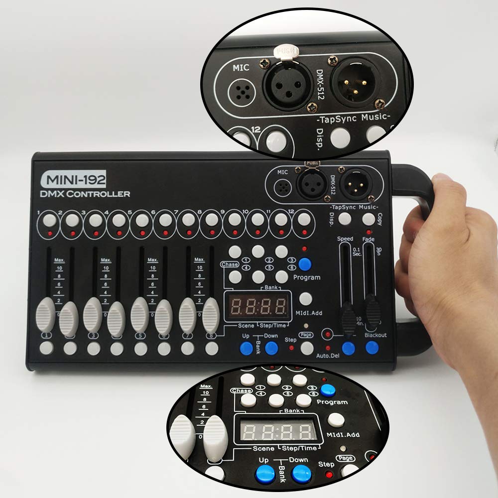 Consola Dmx, driver universal DMX-512 192 DMX 512 Stage DJ driver de luz 240 escenas diferentes, consola Dmx512, aplicable a cable DMX de 3 pines para DJs, bandas, bares, clubes, fiestas familiares,