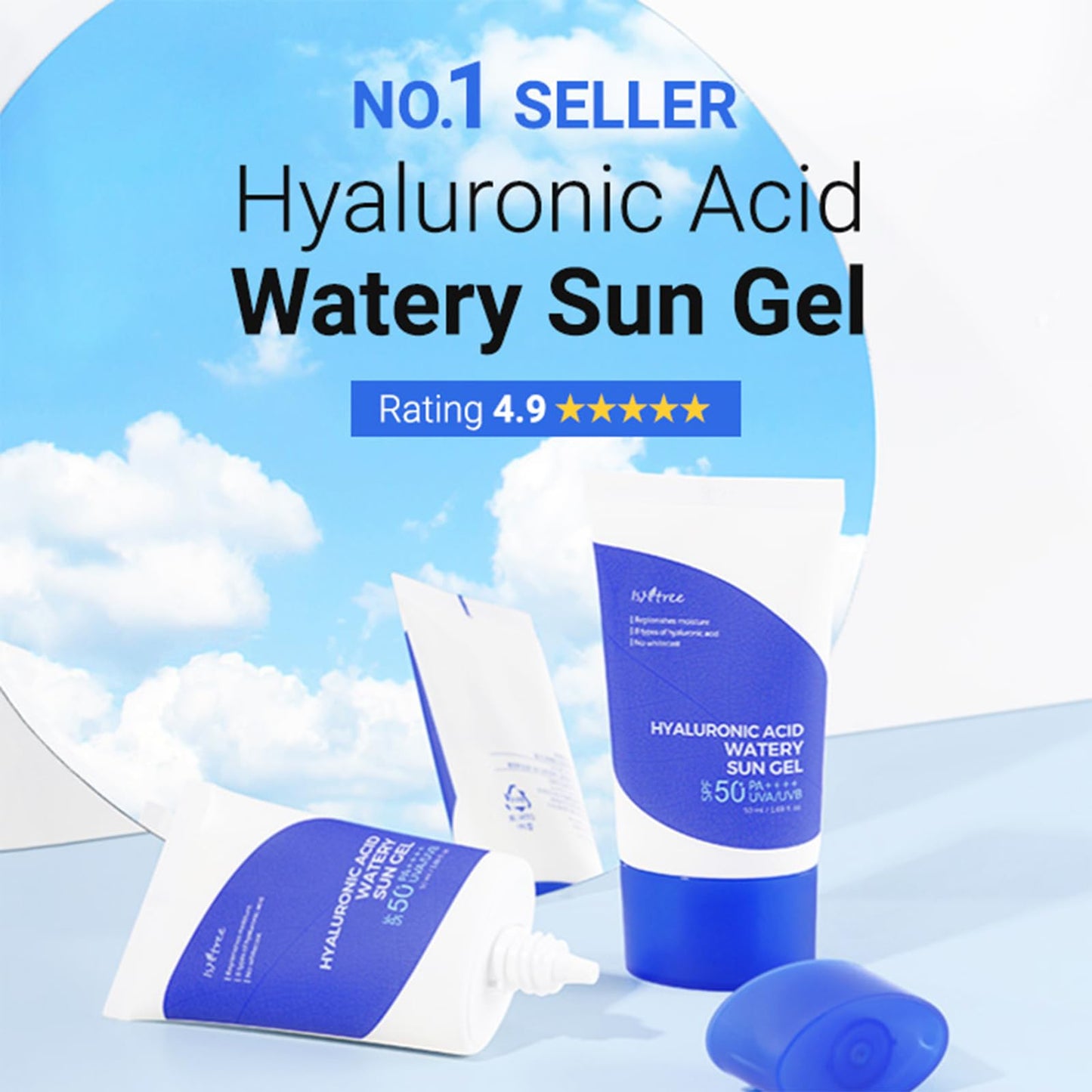 ISNTREE Hyaluronic Acid Watery Sun Gel 50 ml, Gel protector solar acuoso con 8 tipos de ácido hialurónico SPF 50+ PA++++ fuerte protección contra los rayos UVA y UVB