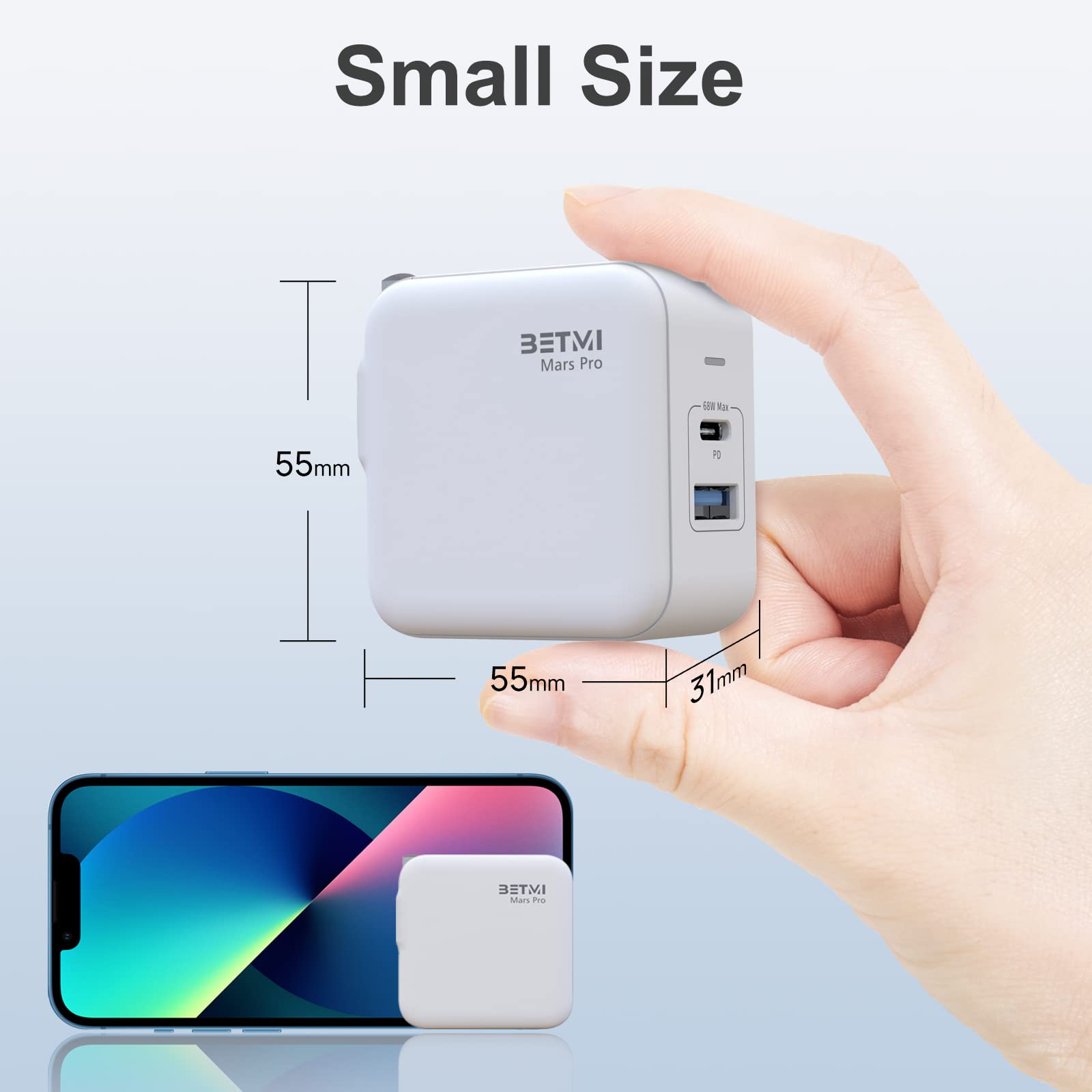 BETMI Cargador USB c, Cargador C GAN 68w, Cargador de Pared rápido y Compacto de 2 Puertos, Adecuado para MacBook Pro/Air, iPad Pro, Galaxy Phone, Android Phone, iOS Phone, Pixel, and More