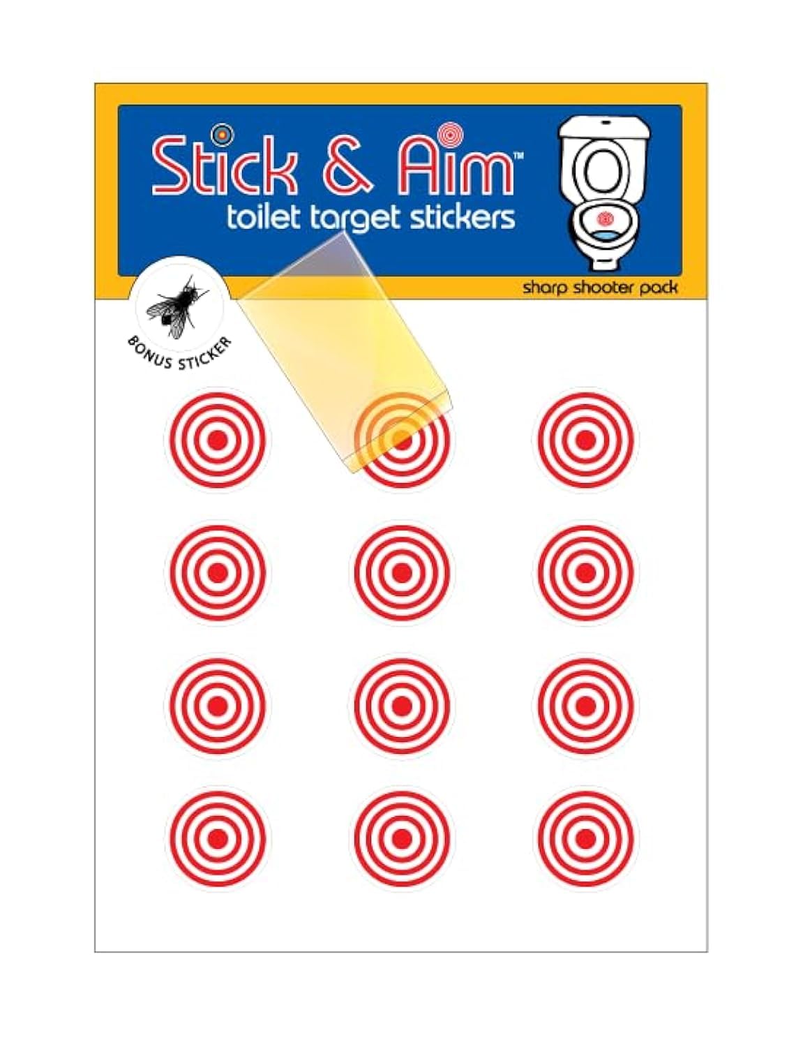Bullseye - Paquete de objetivos de inodoro (13 objetivos) con herramienta aplicadora para una fácil instalación en inodoros y urinarios. Divertidas pegatinas de lente de inodoro para niños y hombres