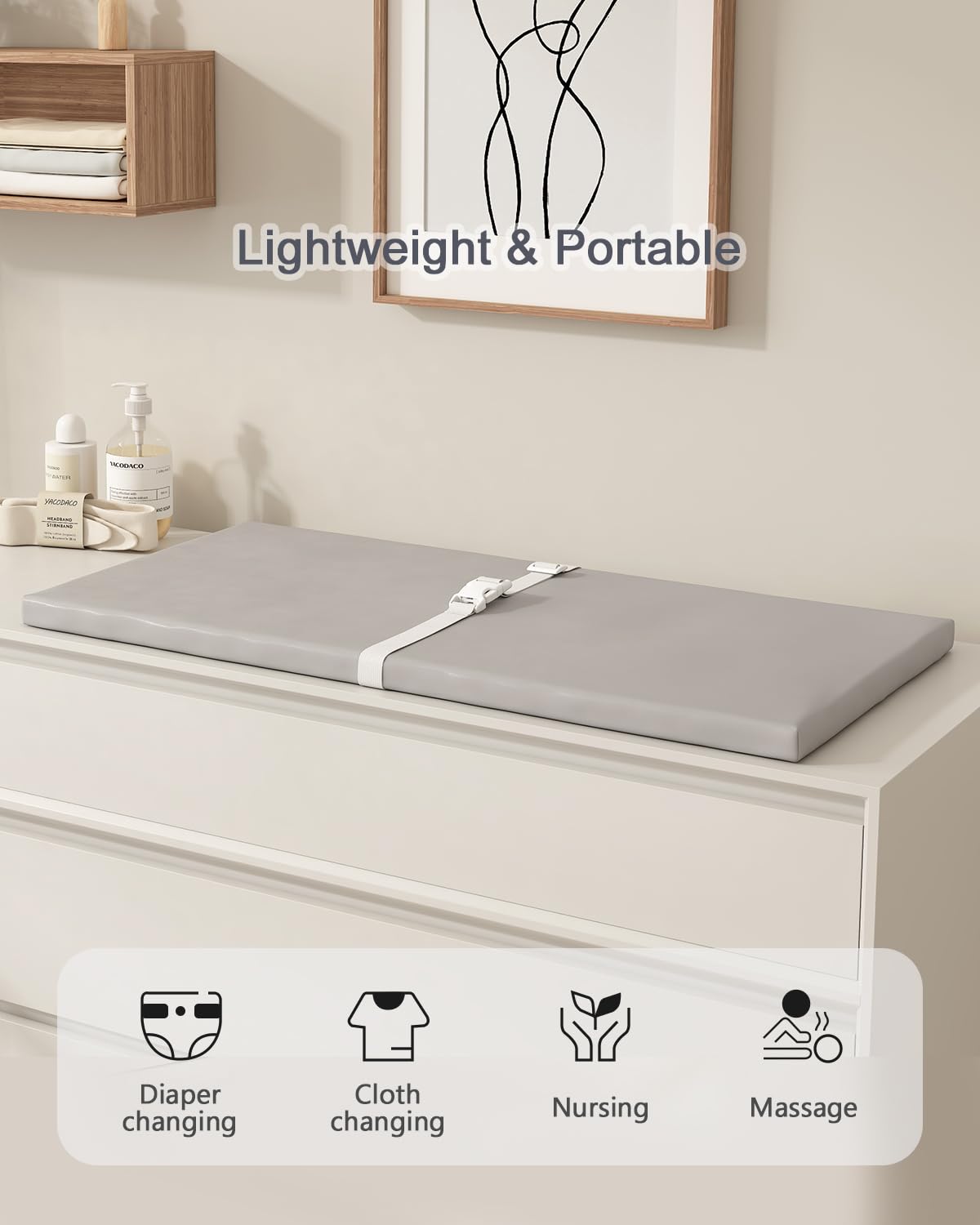 YACODAVO - Cambiador de bebé lavable para cambiador y mesa, cómodo cambiador de pañales con funda de piel impermeable y limpia, tamaño estándar (31.5 pulgadas de largo x 15.7 pulgadas de ancho), gris