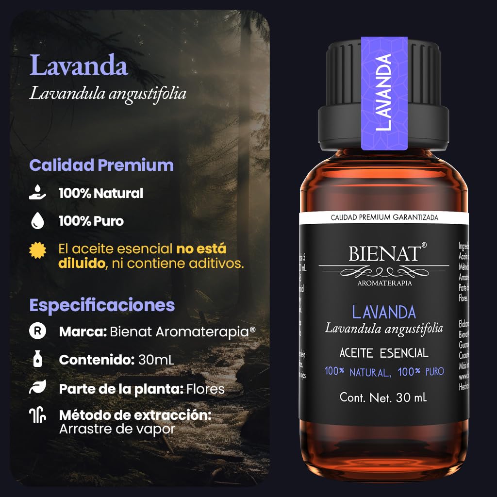 BIENAT AROMATERAPIA Aceite Esencial de Lavanda 30mL | 100% Puro y Concentrado | Ideal para Difusor de Aromas, Humidificador, Aromaterapia, Masajes, Meditación, Jabones y Velas | Esencia Natural en Gotas