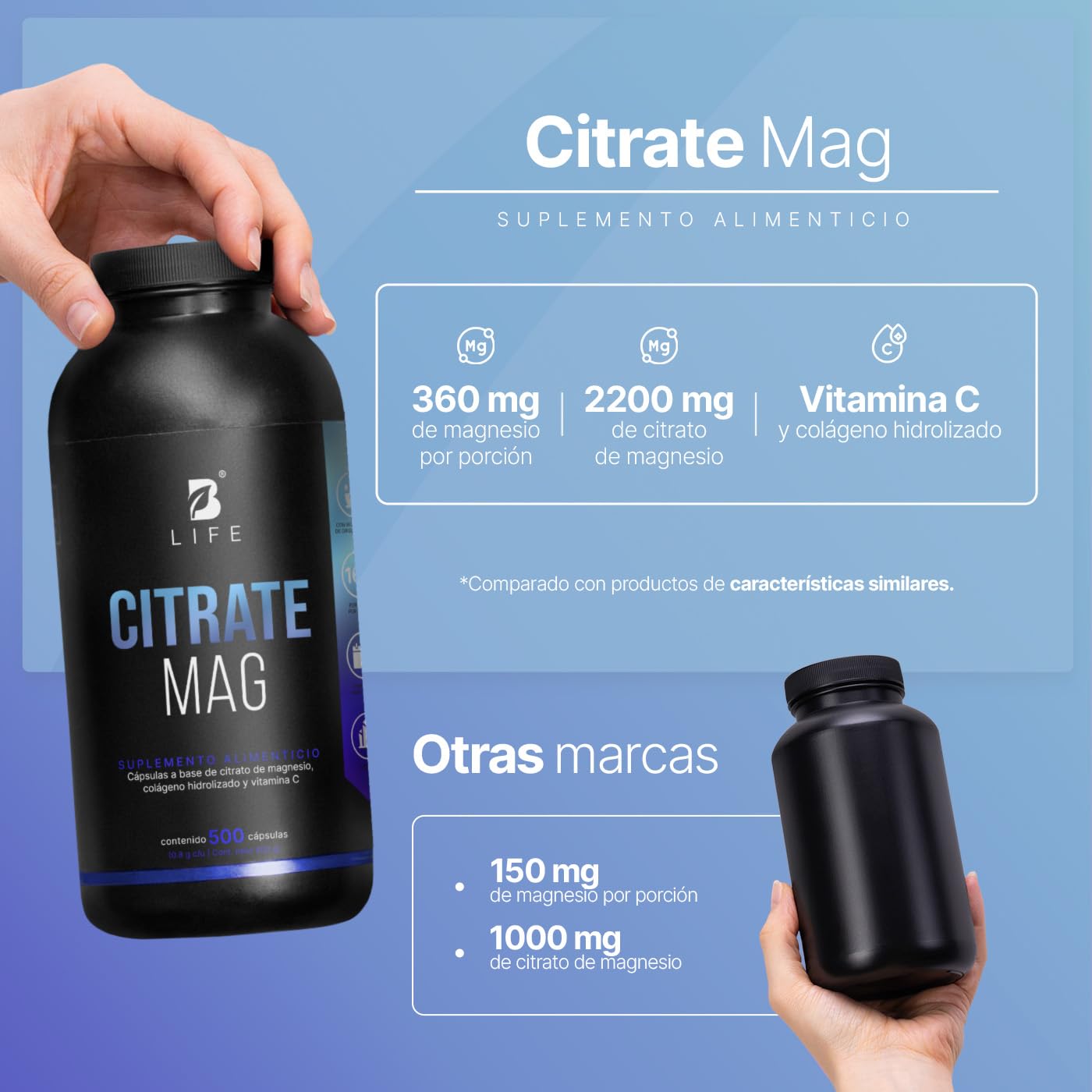 B Life Citrato de Magnesio Puro | 500 cápsulas | 2400 mg por porción | Alta absorción | Adicionado con Vitamina C y Colágeno Hidrolizado | Ingredientes Naturales | Citrate Mag.