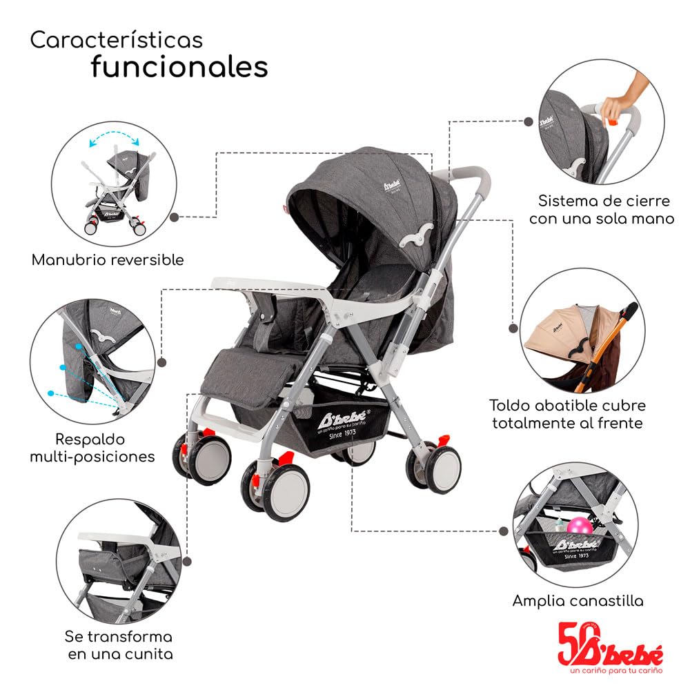 D´Bebé Carriola Baby BM Gris -Manubrio ajustable a 2 posiciones: posicion general y reversible -Respaldo con 3 posiciones