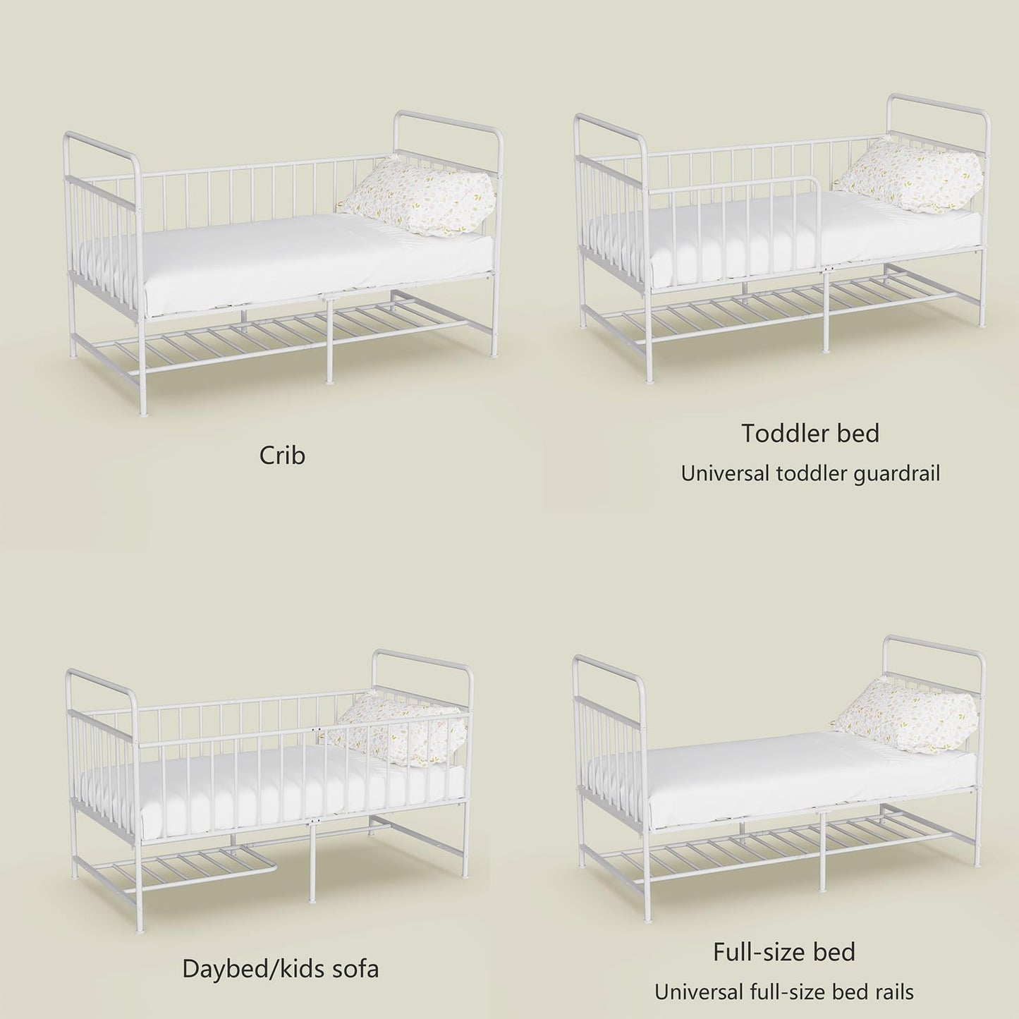 Uzelia Cuna Convertible para Bebé 4 en 1, Cuna para Bebé de Metal con Barandales de Seguridad, Cama Infantil, Daybed y Sofá para Niños, Estructura Resistente con Almacenamiento Inferior, Blanco
