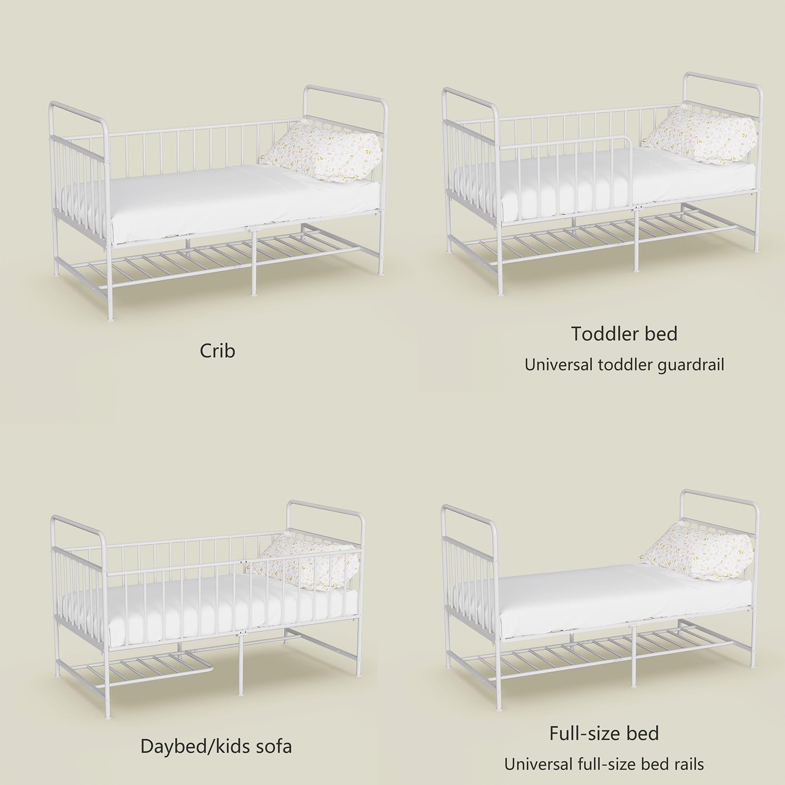 Uzelia Cuna Convertible para Bebé 4 en 1, Cuna para Bebé de Metal con Barandales de Seguridad, Cama Infantil, Daybed y Sofá para Niños, Estructura Resistente con Almacenamiento Inferior, Blanco