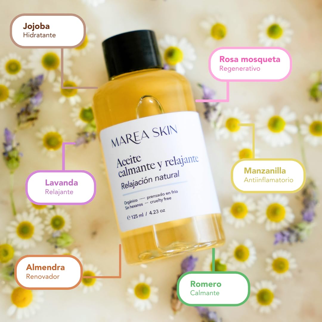 Aceite Calmante y Relajante Prensado en Frío 125 ml | Rosa Mosqueta, Jojoba y Almendra | Lavanda, Manzanilla y Romero