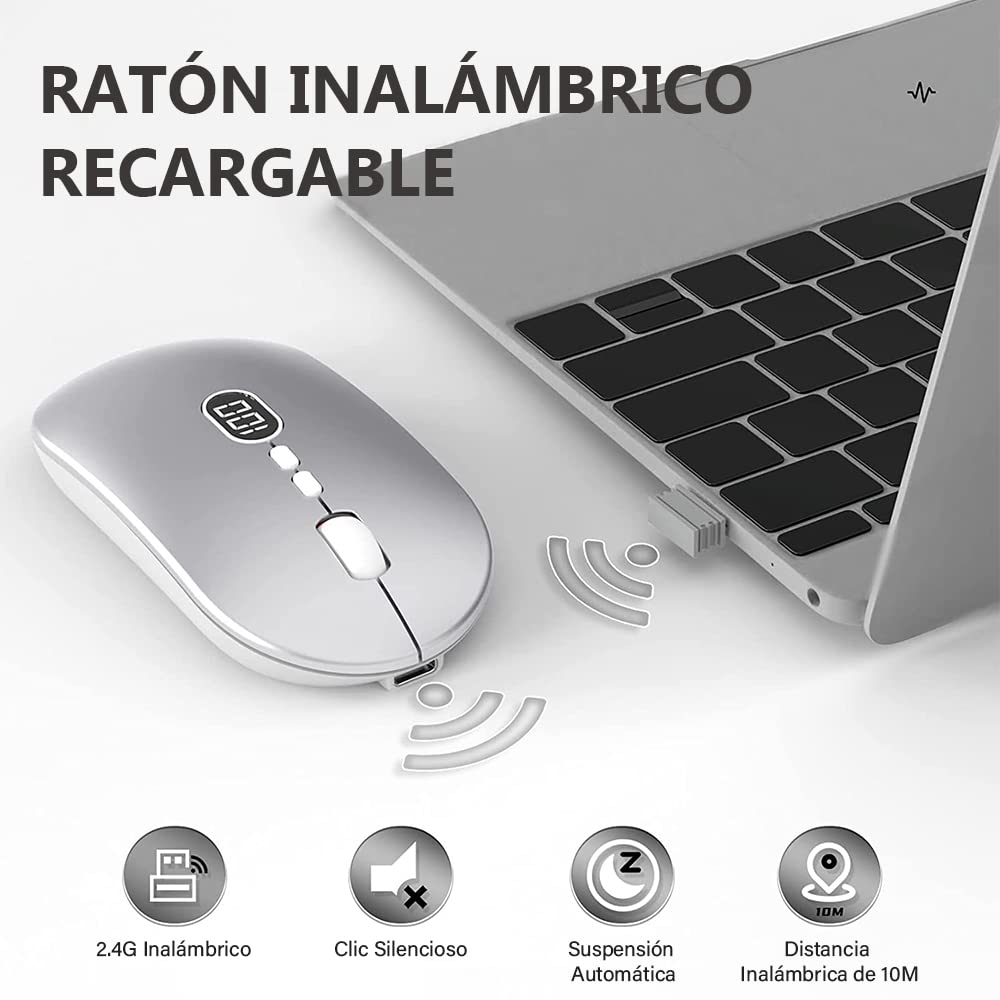 Free wolf X1 Mouse Inalámbrico con Pantalla de Batería, Wireless óptico Recargable 2.4 G Ergonómico Silencioso Click 800/1200/1600 Ajustable dpi Ratón para Computadora,Portátil,PC,Mac (Plata)