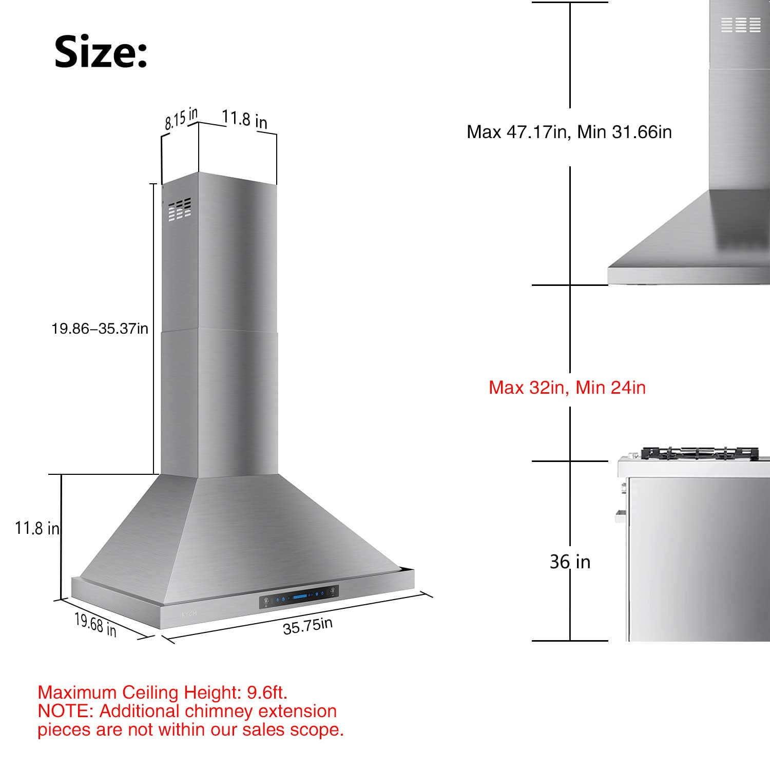 IKTCH - Campana extractora de montaje en pared negra de 36 pulgadas, 900 CFM de acero inoxidable con sensor de gestos y panel de interruptor de control táctil, 2 luces ajustables (IKP02-36-BSS)
