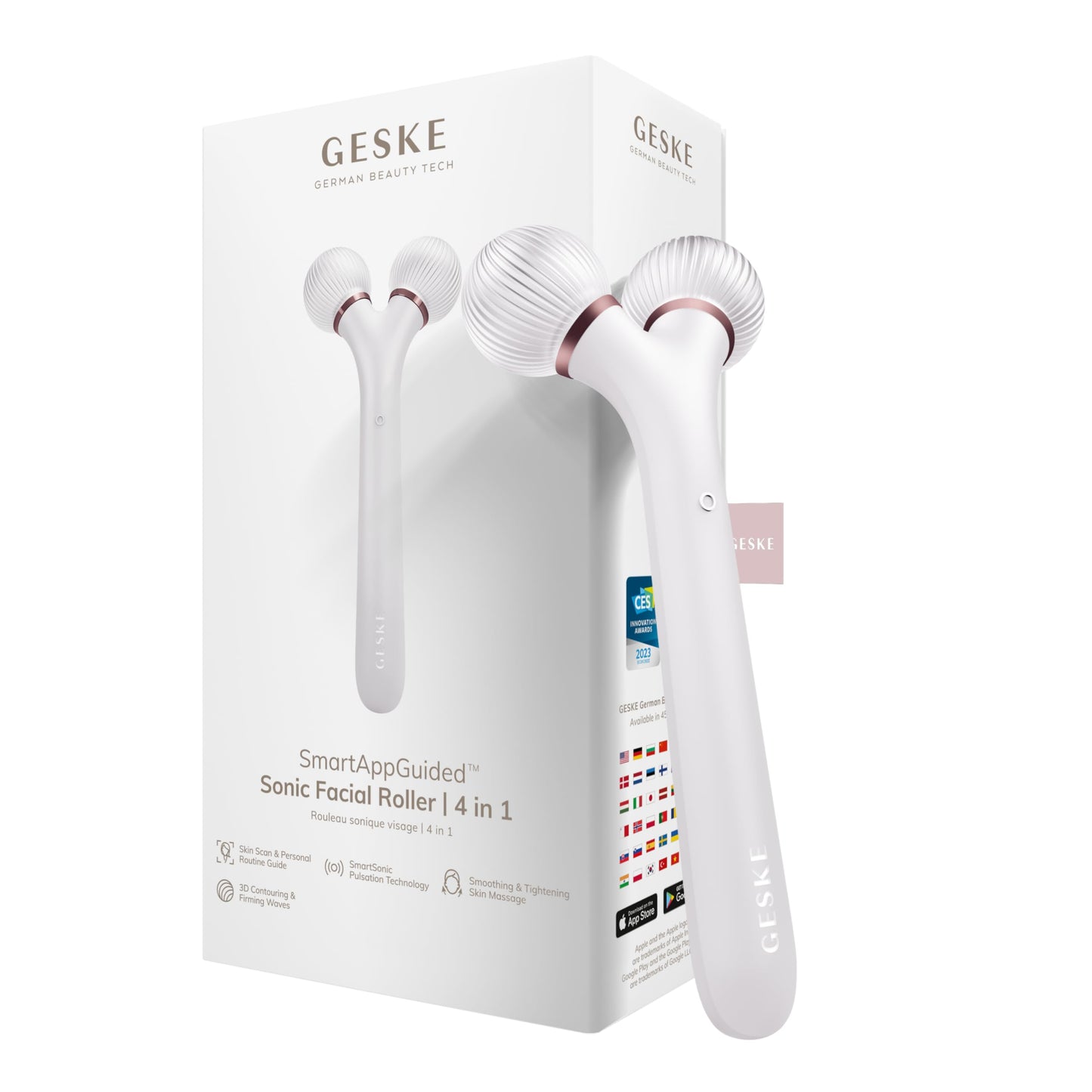GESKE | Rodillo facial sónico SmartAppGuided™ | 4 en 1 | rodillo derma | dispositivo para la cara | rodillo derma | Rodillo facial profesional | Reafirma y define la piel del rostro