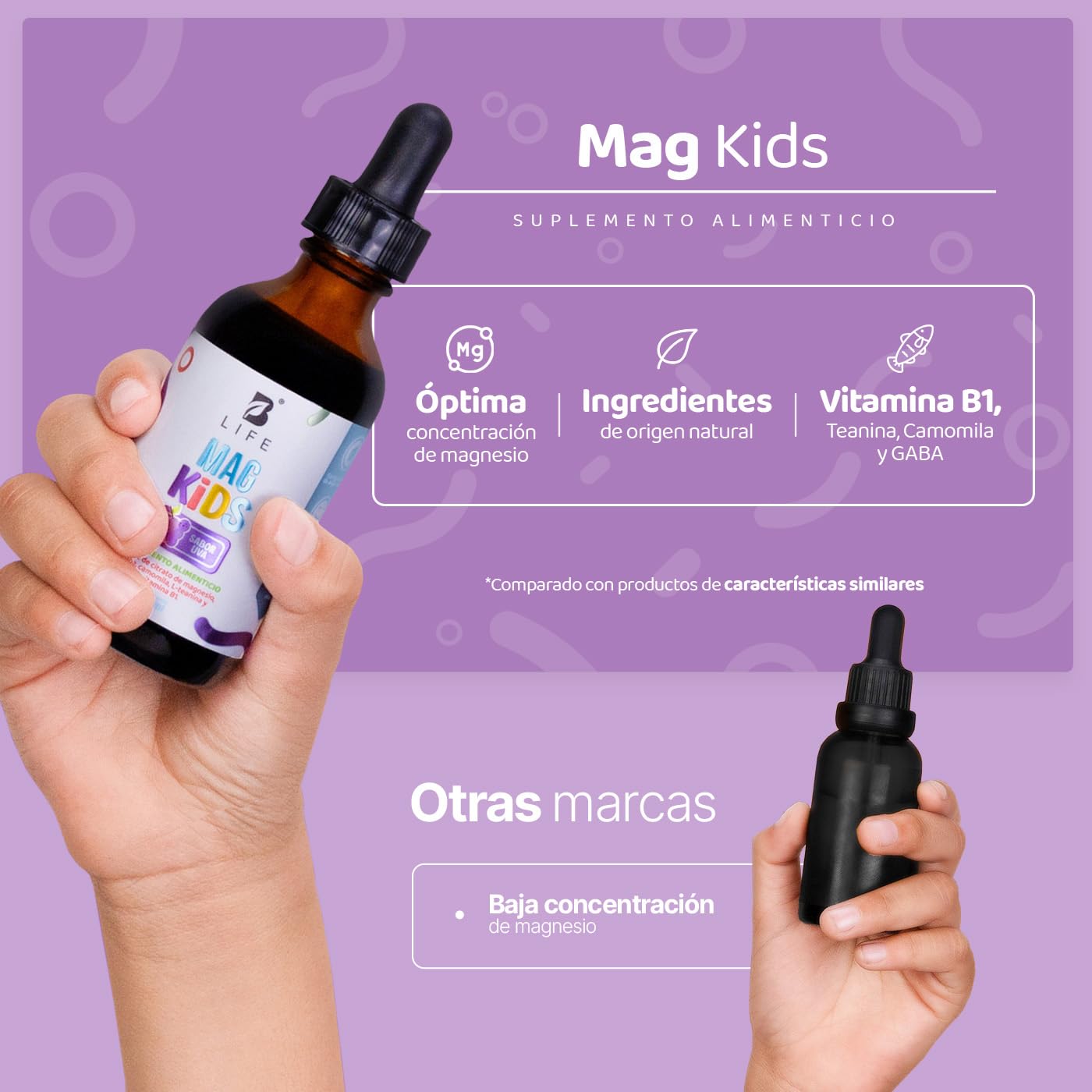 Citrato de Magnesio de 60 ml. 2 meses de consumo. Adicionado con Teanina, Vitamina B1 y Gaba para niños. Sabor Uva. Kids Mag. B Life.
