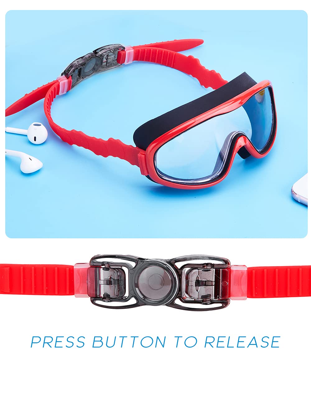 KAILIMENG - Gafas de natación para niños, visión amplia, sin fugas, antiniebla, protección UV, con clip para la nariz y tapones, para los oídos para niños de 3 a 15 años (Rosa y rojo azul, 2 unidades)