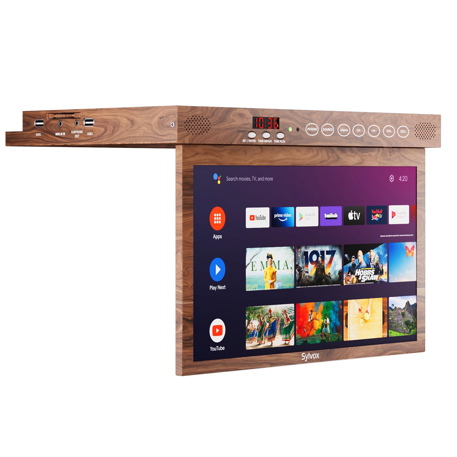 Televisor Inteligente SYLVOX Grano de Madera con Rotación de 360° y Diseño Compacto para Cocina, Recámara o RV