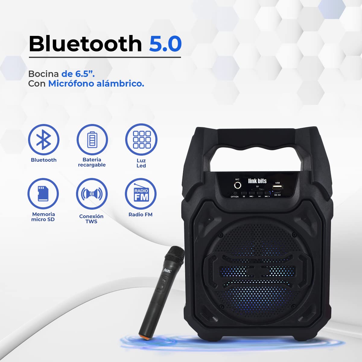 LINK BITS SA674T Bocina Bluetooth inalámbrica, TWS Bocinas Portátil,micrófono alámbrico y Sonido Estéreo,para iPhone Android.