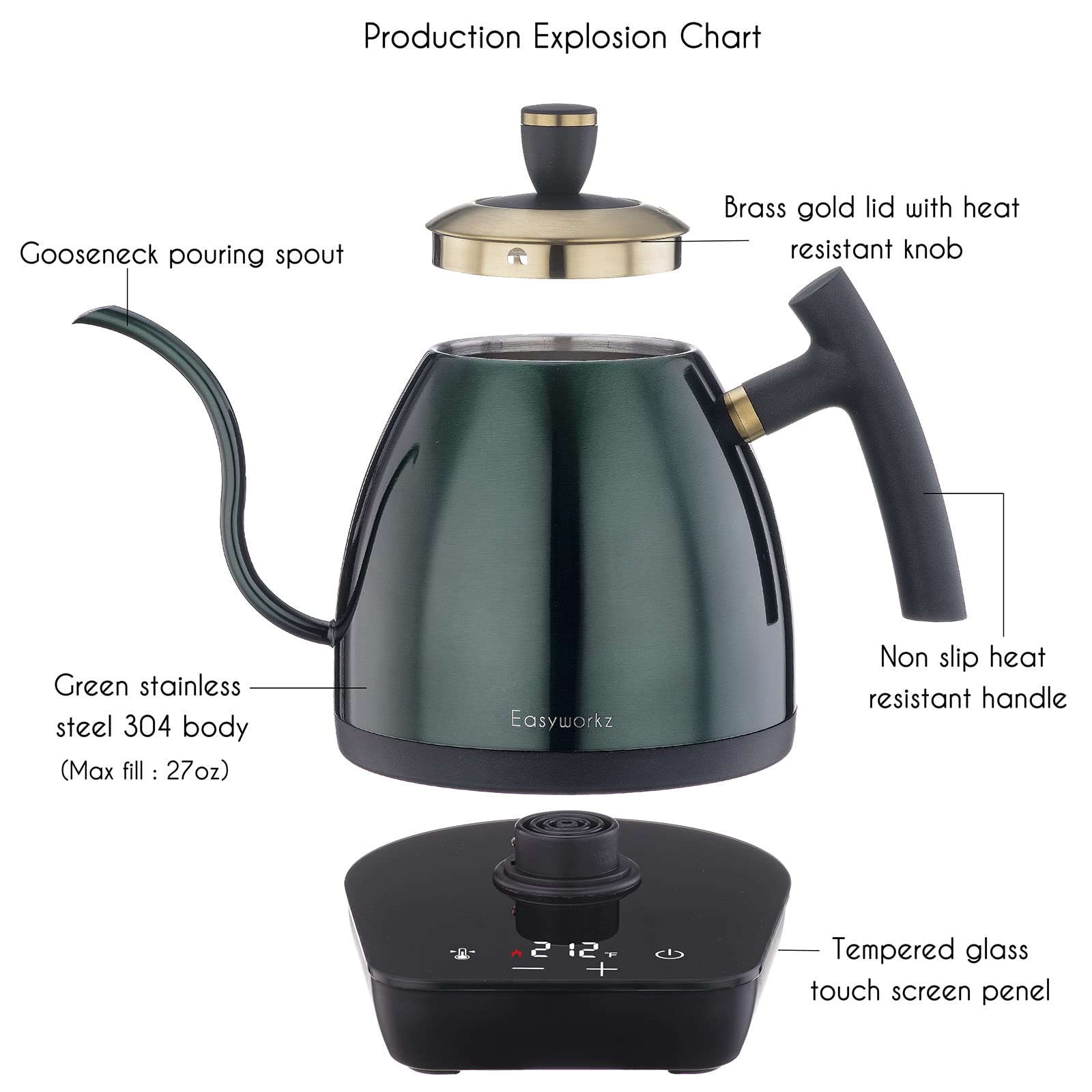Easyworkz hervidor de café eléctrico de cuello de cisne, tetera de acero inoxidable con goteo manual, control de temperatura de 800 ml, calentamiento rápido de 1200 W